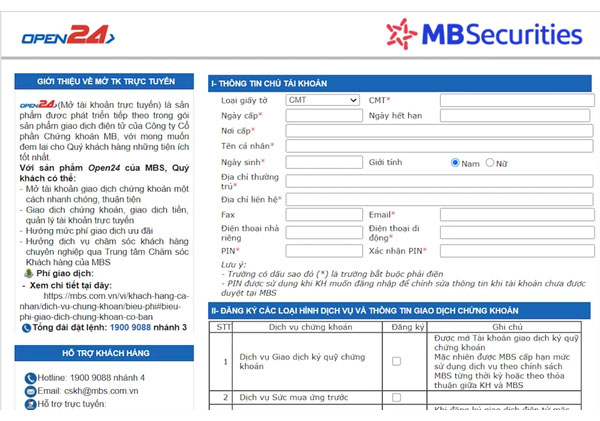 Điền đầy đủ các Thông tin cần thiết vào Mẫu khai trên Website của MBS 