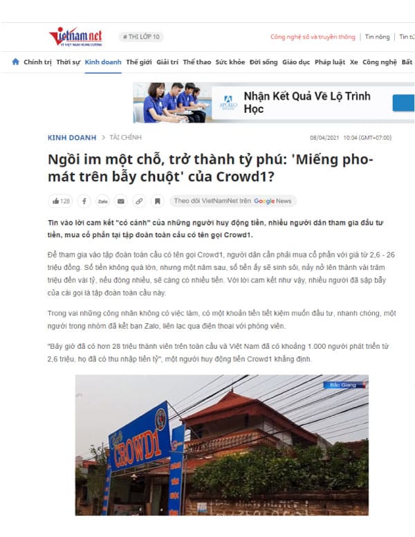 Báo Vietnamnet đưa tin về đầu tư lừa đảo Crowd 1 